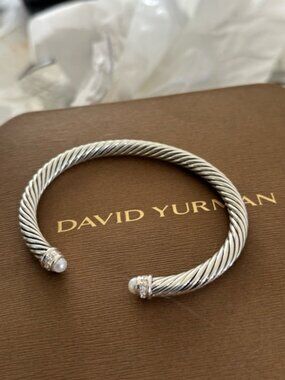 David Yurman Silver Cable Bracelet with Pearls and Diamonds .